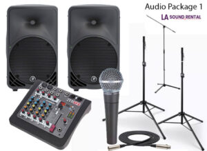 Package picture including speakers, mics, stands, and mixer.