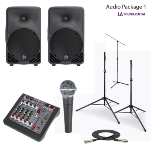 Package picture including speakers, mics, stands, and mixer.