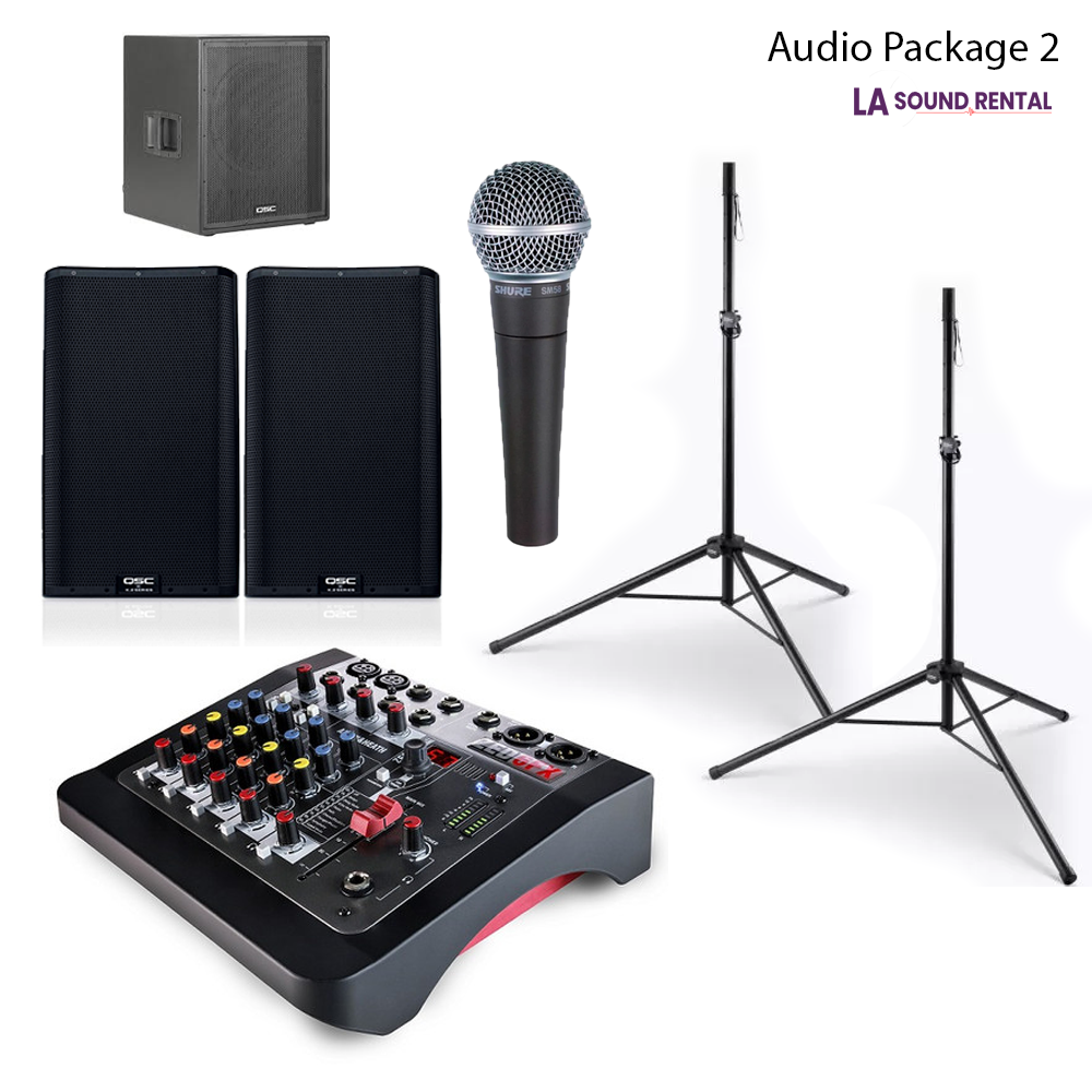 Package picture including speakers, mics, stands, and mixer.