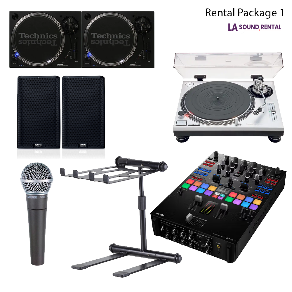 Package picture including speakers, mics, stands, and mixer.