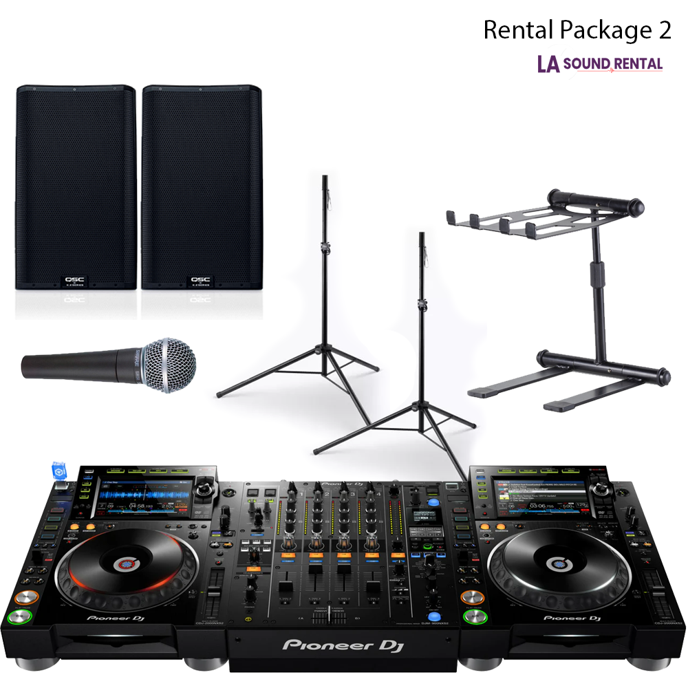 Package picture including speakers, mics, stands, and mixer.