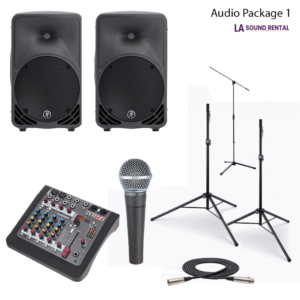 Package picture including speakers, mics, stands, and mixer.