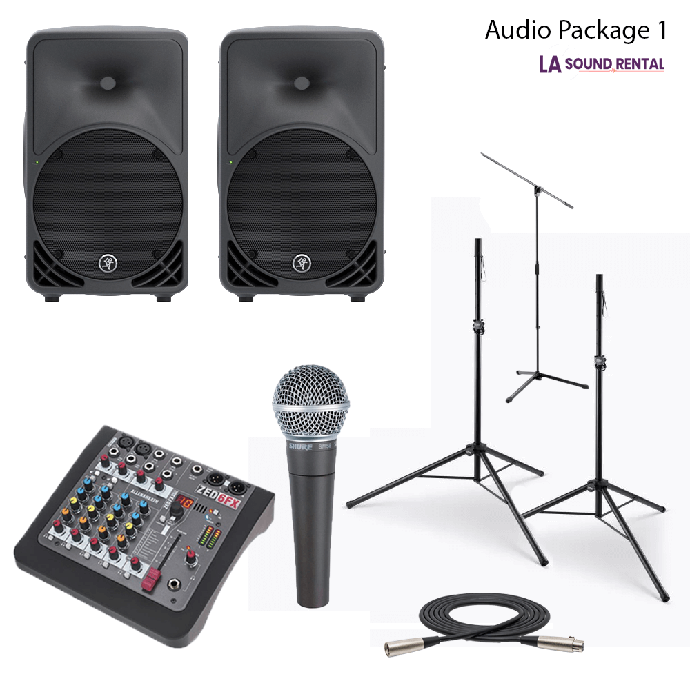 Package picture including speakers, mics, stands, and mixer.