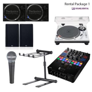 Package picture including speakers, mics, stands, and mixer.