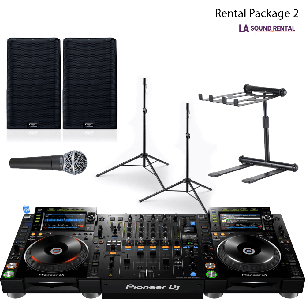 Package picture including speakers, mics, stands, and mixer.